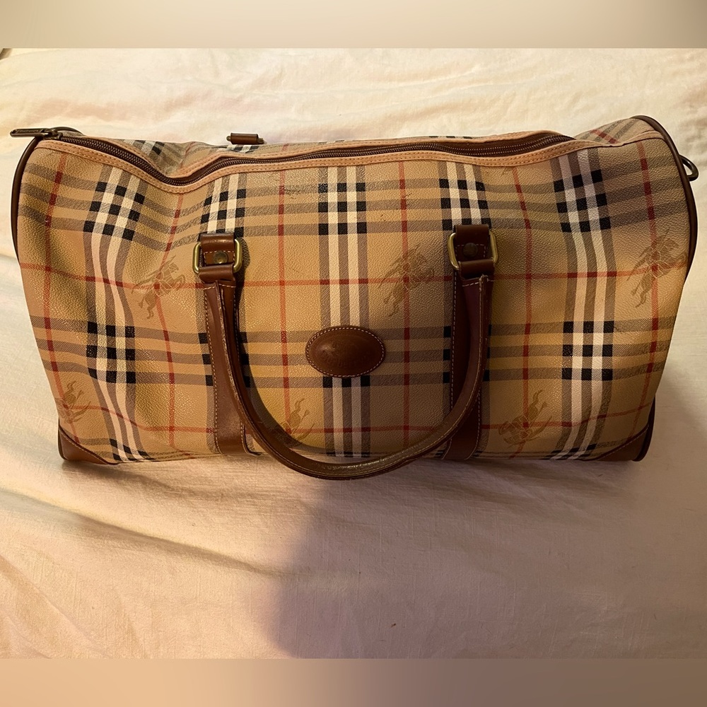 Burberry Beige Nova Check Travel Duffle with Brown Leather Trim